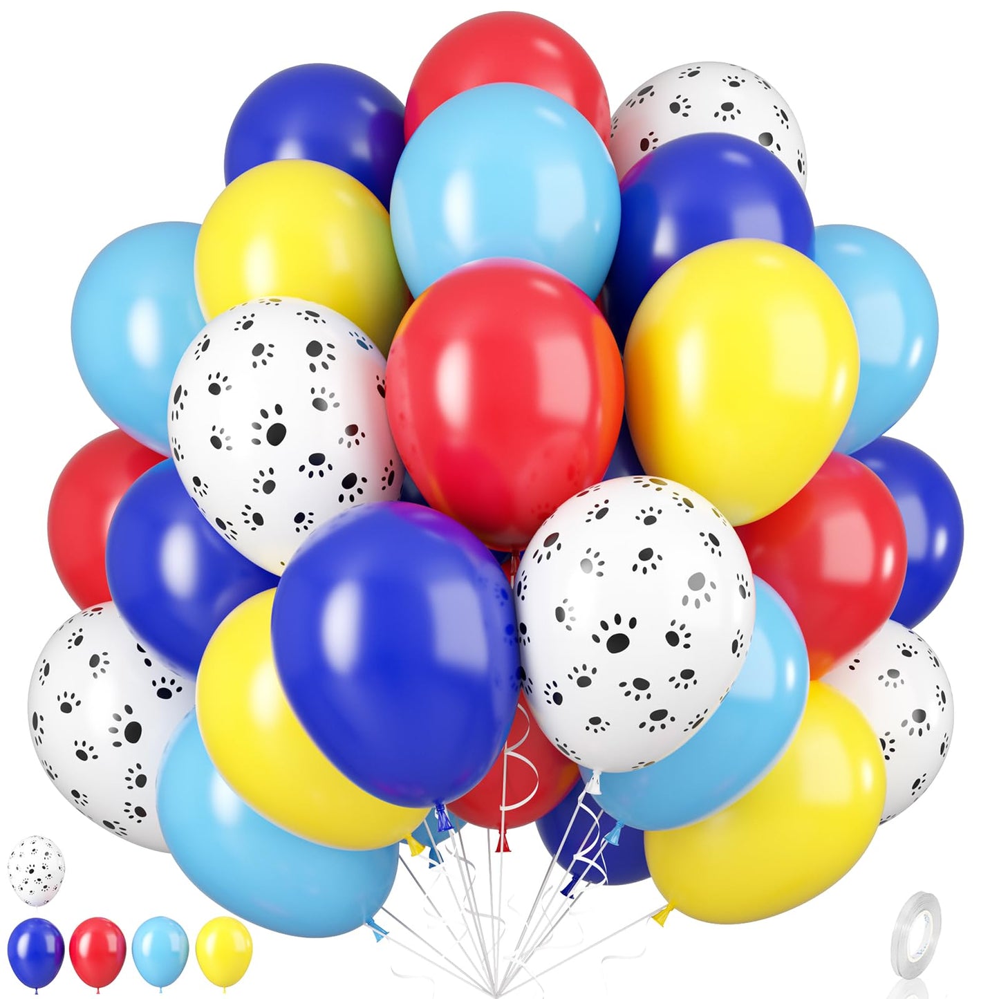 Dog Paw Balloons, 55Pcs Dog Paw Printed Balloons 12 Inch Royal Blue Latex Balloons Red And Yellow Balloons White Paw Balloons Fo
