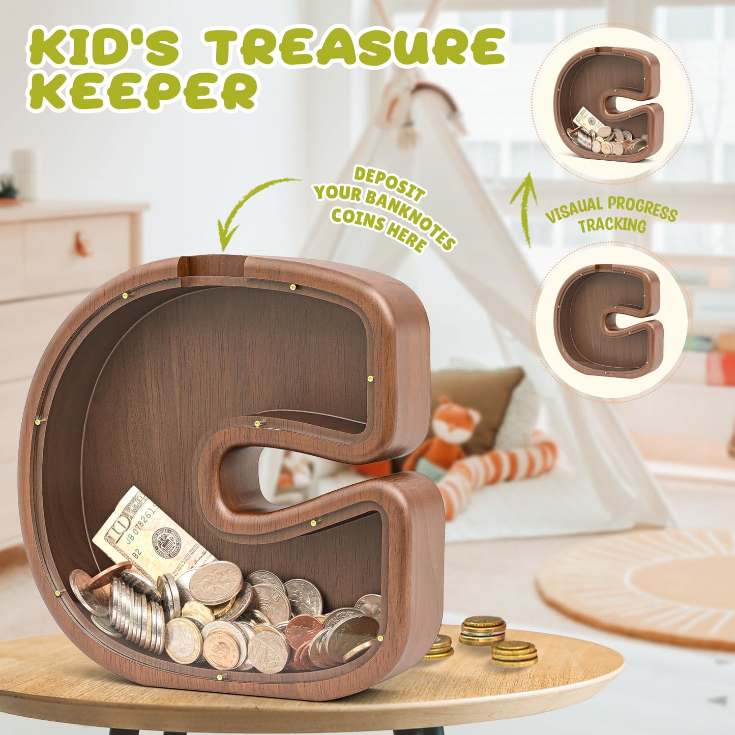 Piggy Bank for Kids Girls Boys Summidate Wooden Letter Piggy Bank for Family, Sturdy Coin Banks for Baby, Personalized Cute Init