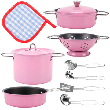 Kids Play Kitchen Toys Pretend Cooking Pink Stainless Steel Pots And Pans Metal Kitchen Set With Utensils (11 Pieces)