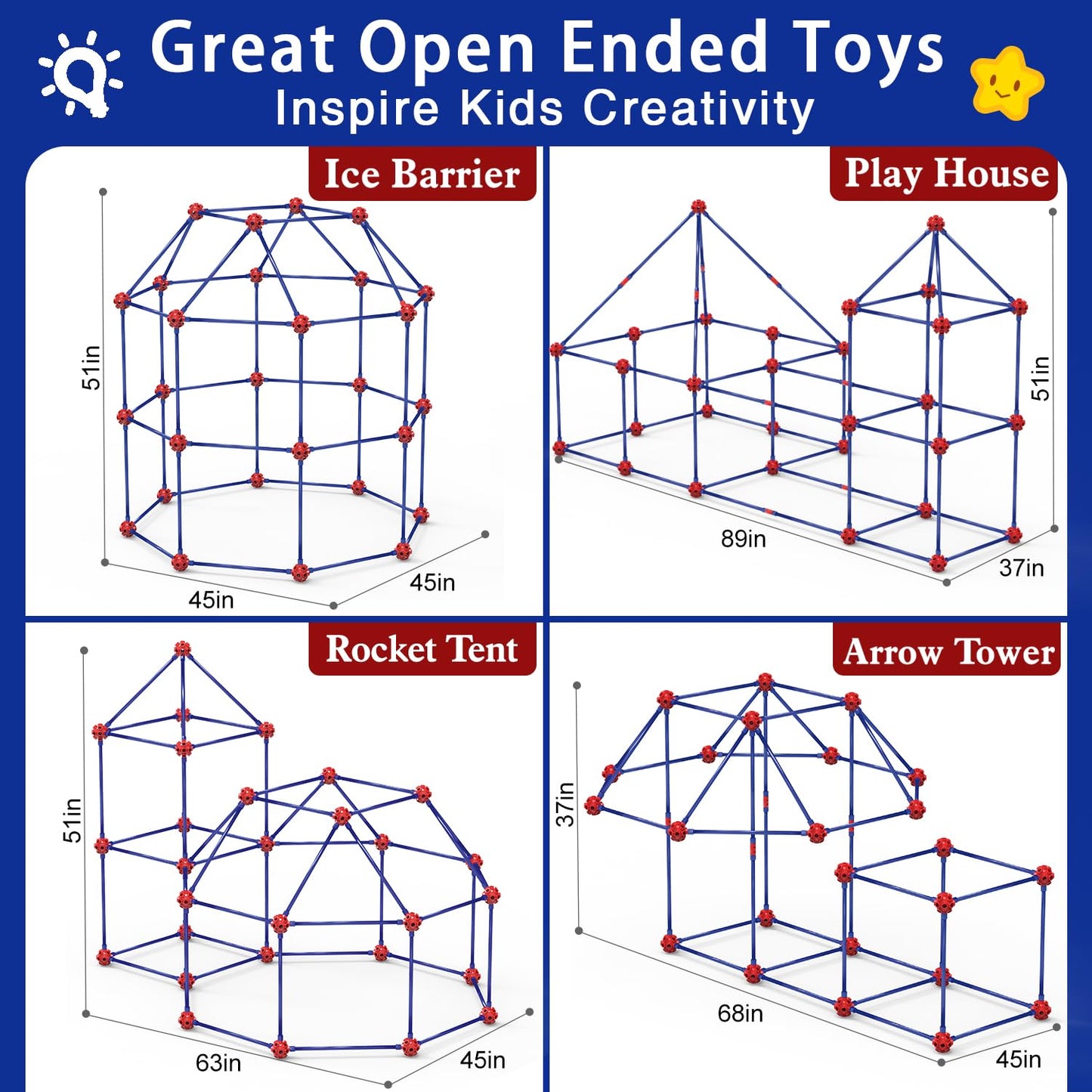V-Opitos Fort Building Kits For Kids, 140 Pcs Stem Construction Toys, Christmas, Birthday Gifts For 4, 5, 6, 7, 8, 9, 10, 11, 12 Years Old Boys & Girls, Indoor & Outdoor Play Tent Activity
