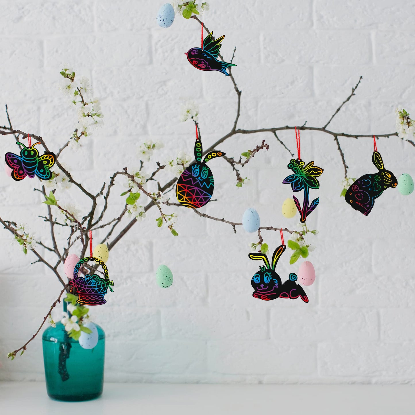 ArtCreativity 48 Pcs Easter Scratch Art for Kids, Includes Wooden Sticks & Ribbons, Fun Craft Kit, Creative Teen Easter Basket S