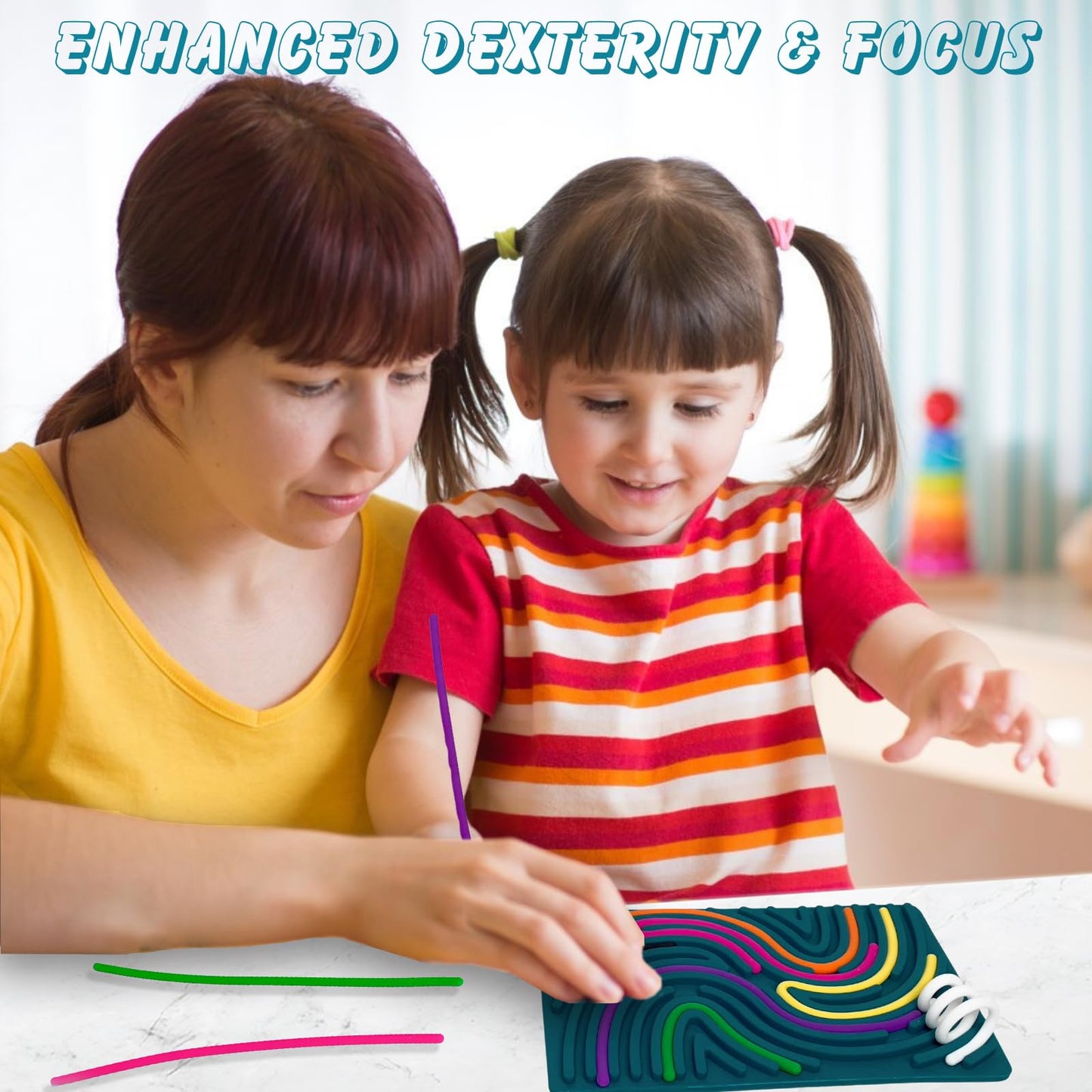 Sensory Activity Board, Double Side Silicone Fidget Sensory Toy For For Kids Calming, Stress, Anxiety, Adhd & Autism With 15 Str