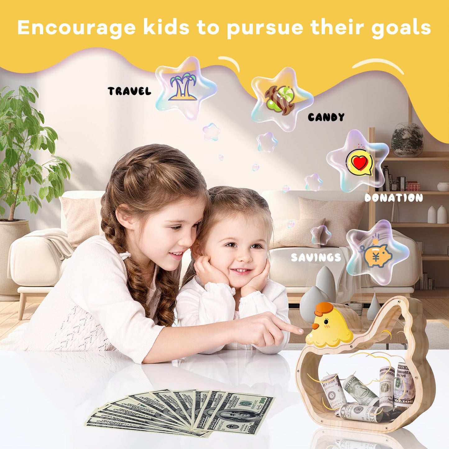 Wooden Chicken Piggy Banks For Kids, Unbreakable Pullet Coin Chicken Bank For Kids With Letter Sticker, Wooden Cashbox Money Jar