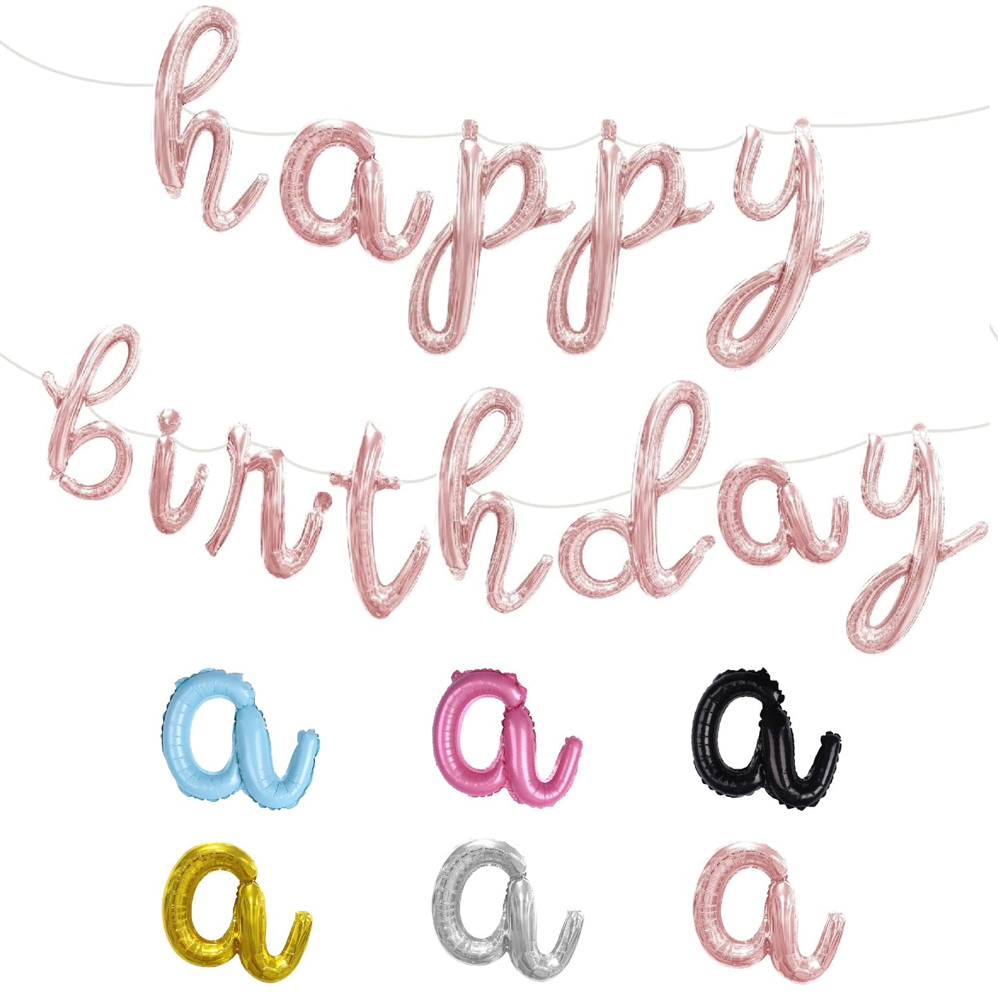 Balloon Vibe Rose Gold Happy Birthday Balloon Banner - Script/Cursive Mylar Foil Letters Banner For Birthday Decor - Happy Birth