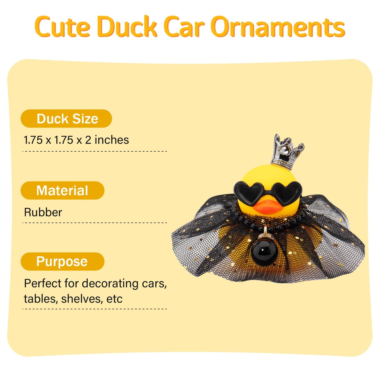 wonuu Rubber Duck Car Dashboard Decoration  Duck Car Ornament Cute Car Accessories with Mini Crown Dress Pearl Necklace Glasses  Black Starry Skirt