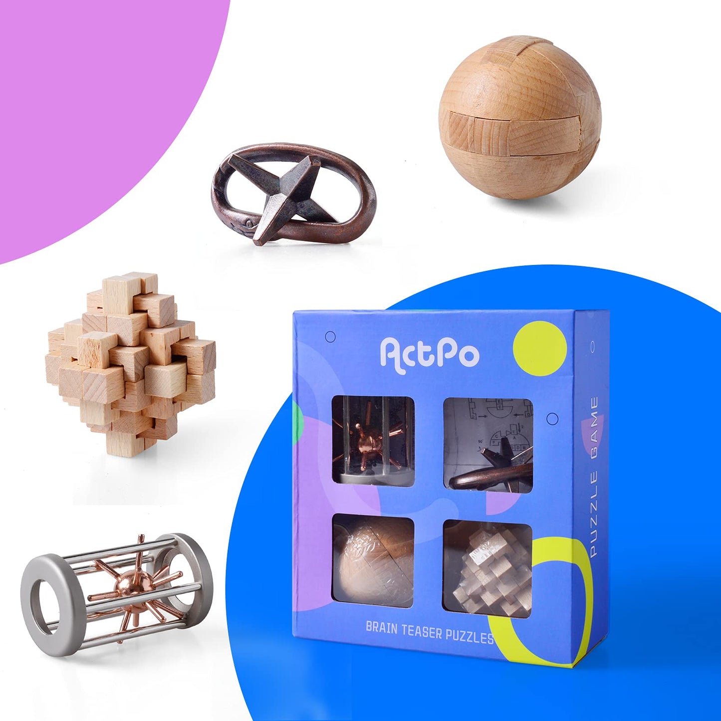 ActPo 4Pcs Wooden and Metal Puzzles Gift for Kids and mature-themed Educational Toys Office Toys 3D Unlock Interlock Assorted Brain Teasers Puzzles