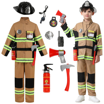 yolsun Kid's Fireman Costume, Boy Firefighter Dress up, Fire Fighter with Toy Accessories Halloween Role Play (11 pcs, 8-9 Years
