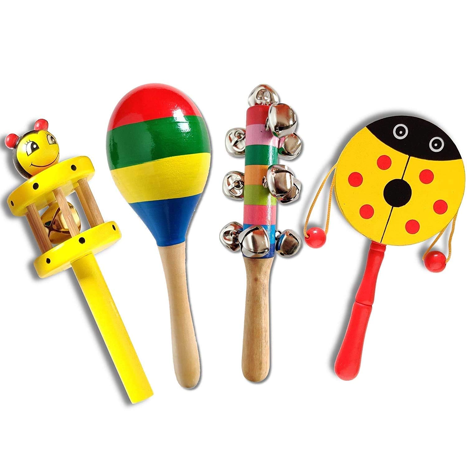 Prisma Collections Wooden Baby Rattle Musical Infant Toys Colorful  Pack Of 4