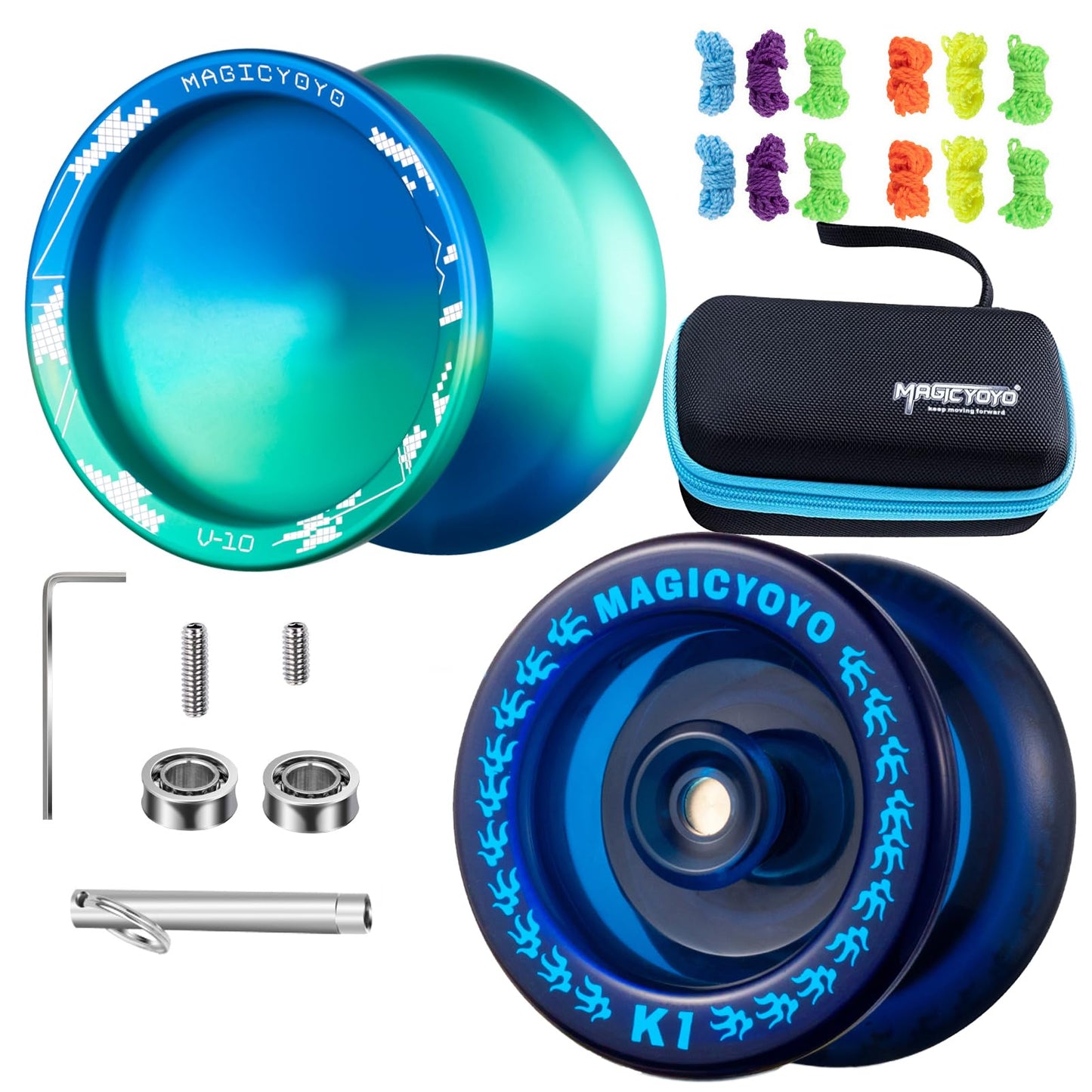 Magicyoyo Pack Of 2 Yoyos K1 Dark Blue &V10 Blue Green, Responsive Yoyo For Kids Beginners, Professional Unresponsive Yoyo For Adults Advanced, With 12 Yoyo Strings, Yoyo Case Storage Bag