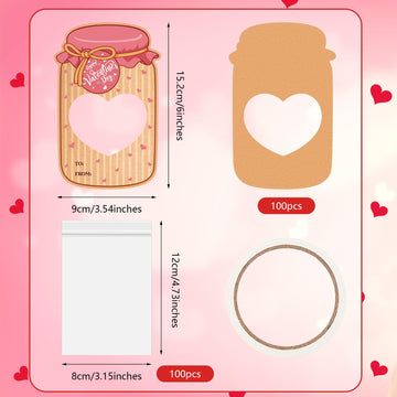 ReliThick 100 Set Valentines Day Candy Cards Candy Making Kit Kraft Paper Mason Jar Personalized Valentine Exchange Cards for Pr