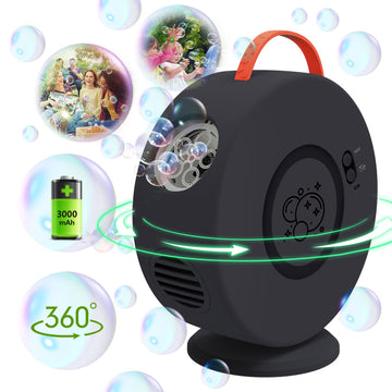 Yevohadt Bubble Machine for Kids, Rechargeable 360° Rotatable Electric Bubbles Toy, Black, Model Rbubble-10, Perfect for Outdoor Parties