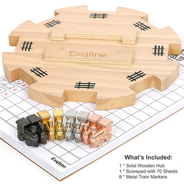 Exqline Mexican Train Dominoes Accessories - With 6.5' Pine Mexican Train Hub, 70-Sheets Mexican Train Score Pads And 8 Colored Die-Cast Train Markers, For Mexican Dominoes Train Game Set