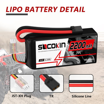 Socokin 2S Lipo Battery 7.4V 50C 2200mAh with TR Connector (2 Pack) for RC Car, Truck, Boat, Drone, Quadcopter