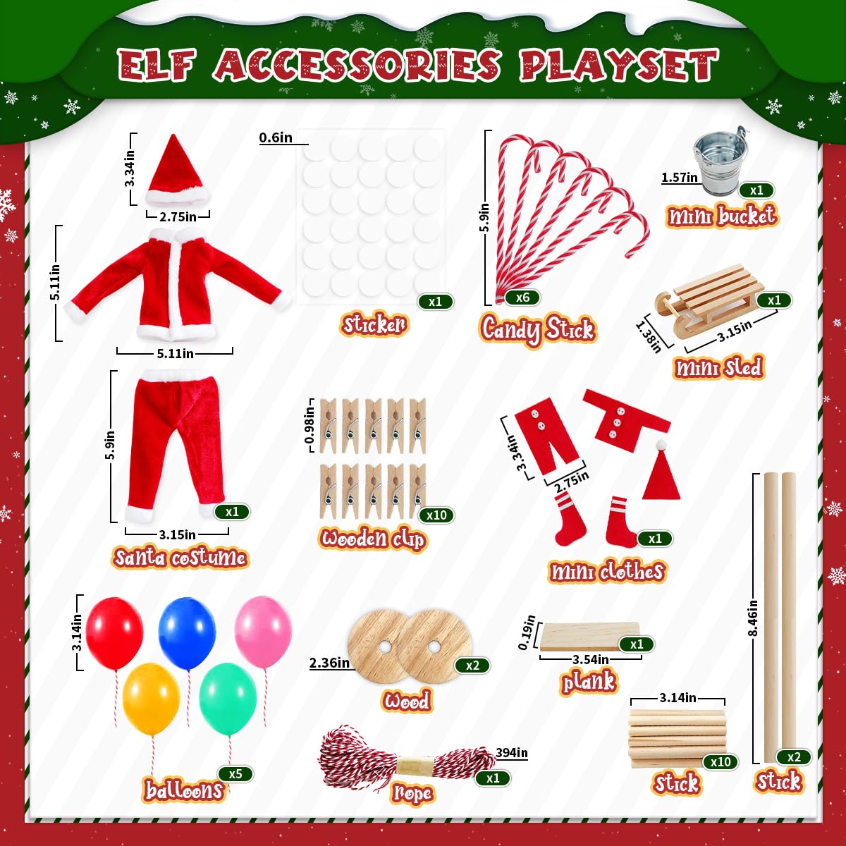 BEIREG 42pcs Christmas Elf Clothes Accessories Set - Red & Green, Polyester, Includes Clothes, Balloons, Ladder, Swing, Mini Props