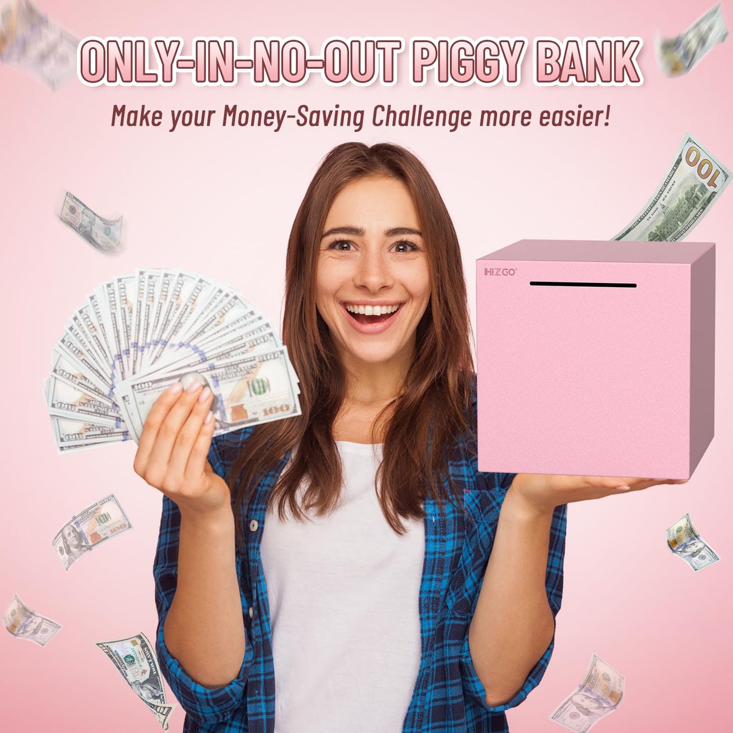 Hizgo Adults Pink Piggy Bank, Stainless Steel Piggy Bank For Adults/Kids Must Break To Open, Unopenable Money Saving Box(7.9-Inch, Pink)