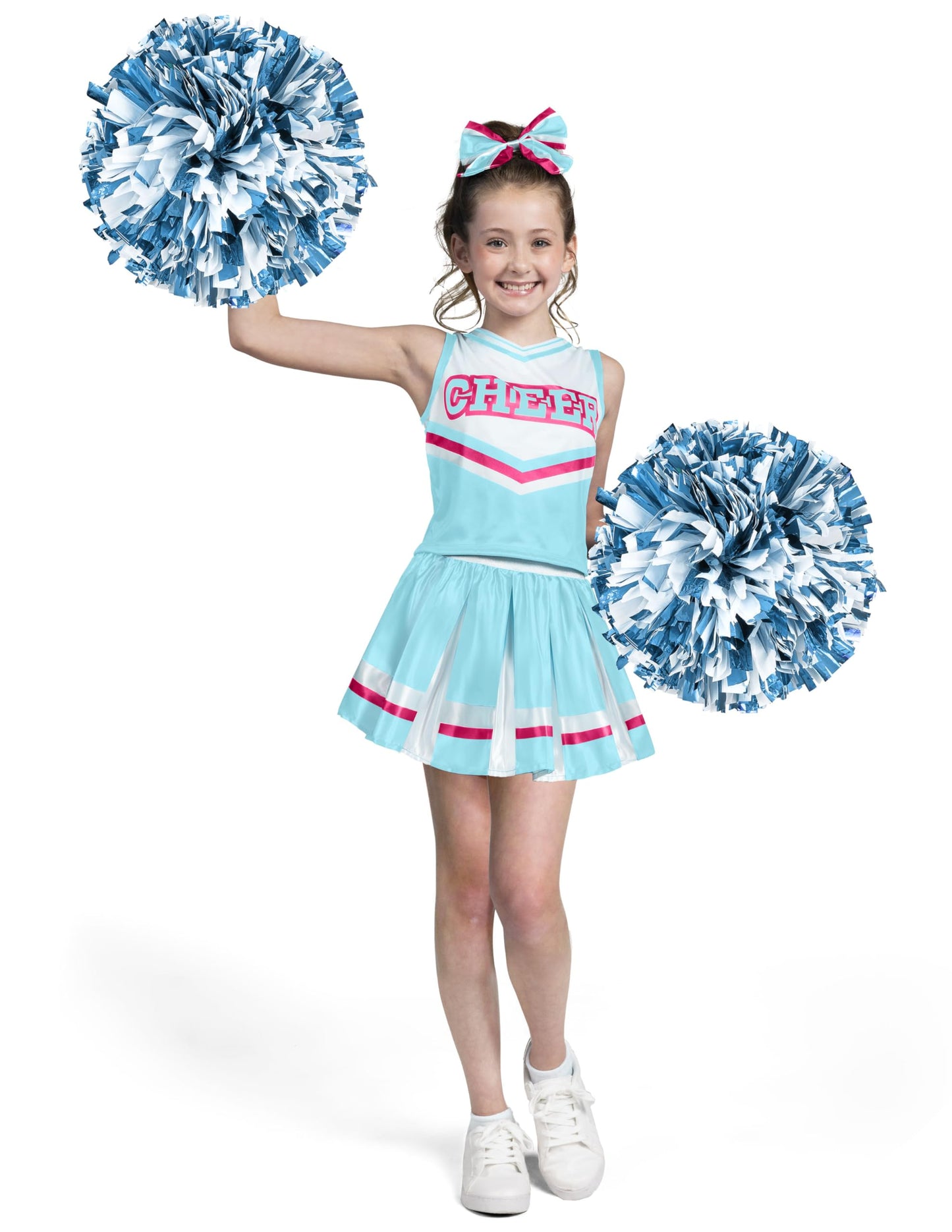Spooktacular Creations Halloween Girl Cheerleader Costume  Celeste and Pink Cheer Uniform Set  Cute Cheerleading Outfit with Accessories for Halloween Dress-Up  High School Themed Party(L  10-12yrs)