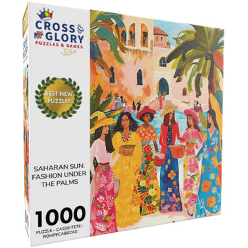 Cross & Glory - Saharan Sun: Fashion Under The Palms - 1000 Piece Jigsaw Puzzle for mature-themeds | Moroccan Desert Theme | Vibrant Colors | Ideal for mature-themed Puzzle Enthusiasts