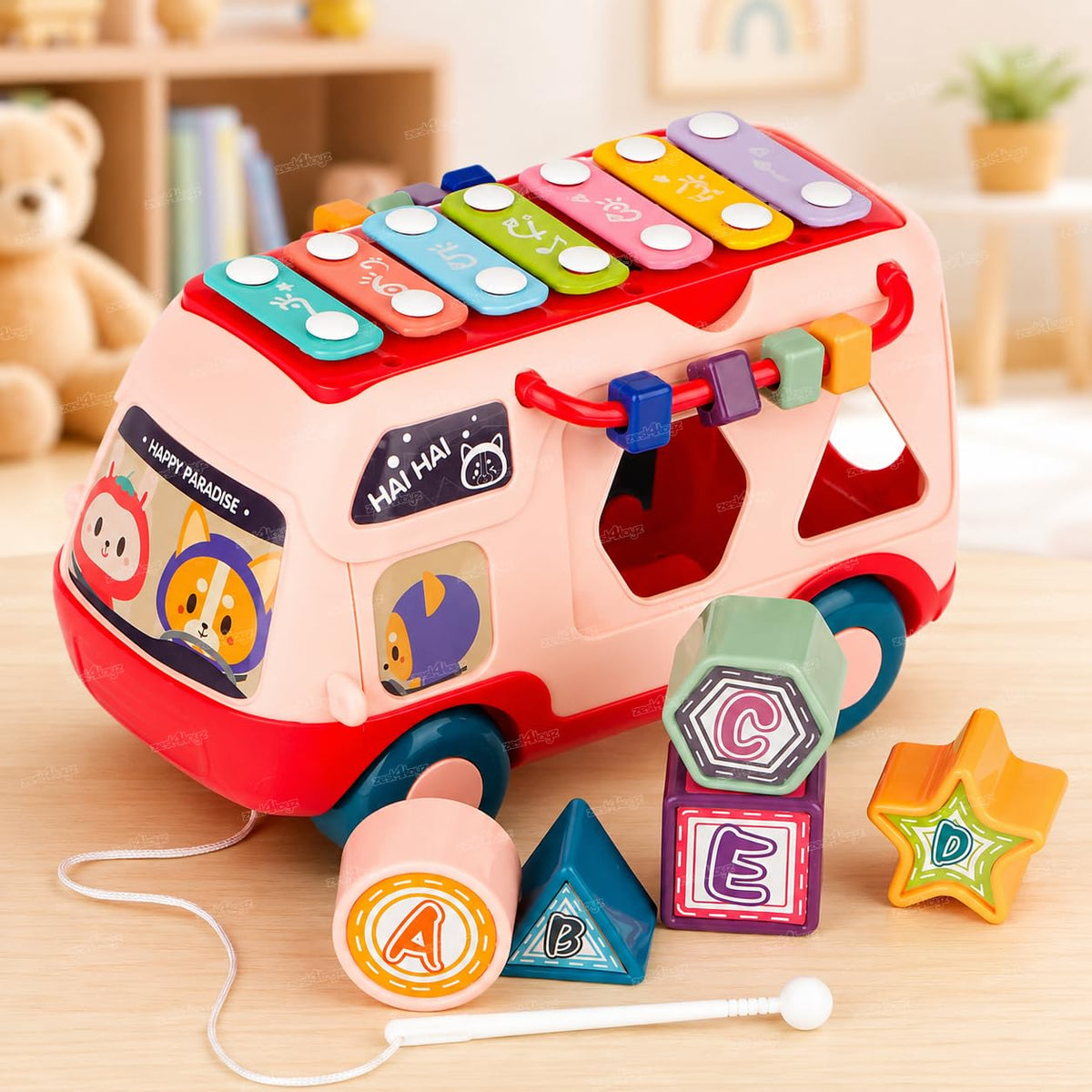 Zest 4 Toyz Musical Bus Toy For Kids Xylophone Piano Keyboard With Shape Sorter Blocks Musical Toy For Kids Activity Learning Ed