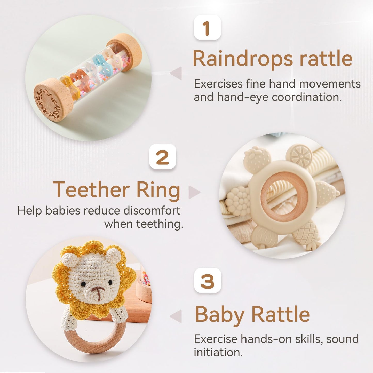Youuys Wooden Baby Rattle Set (3pcs) - Crochet Rattle Rain Stick Teething Toys, Wooden Montessori Toy for Newborn Infant Baby Ra