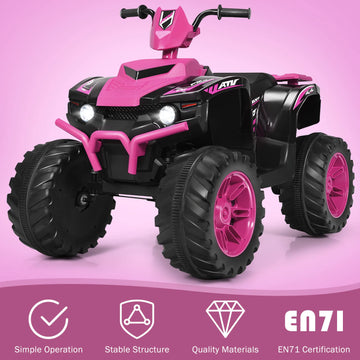 Olakids 12V Kids Ride On Atv, 4 Wheeler Electric Vehicle For Toddlers, Battery Powered Motorized Quad Toy Car For Boys Girls With Led Lights, Music, Horn, High Low Speed, Soft Start (Pink)