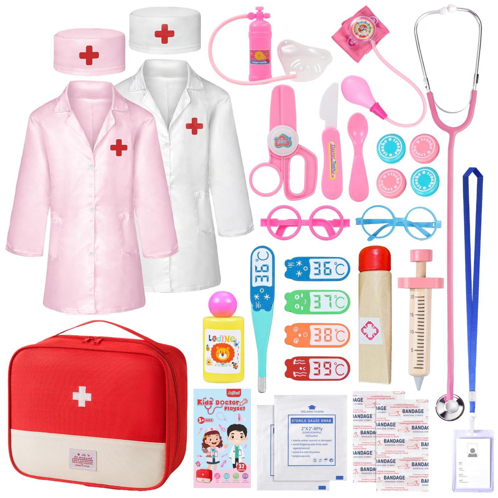Doctor Kit for Toddlers 3-5, 37 Pcs Kids Doctors Play Set with 2 Costumes & Real Stethoscope, Doctor Toy Pretend Play Medical Se