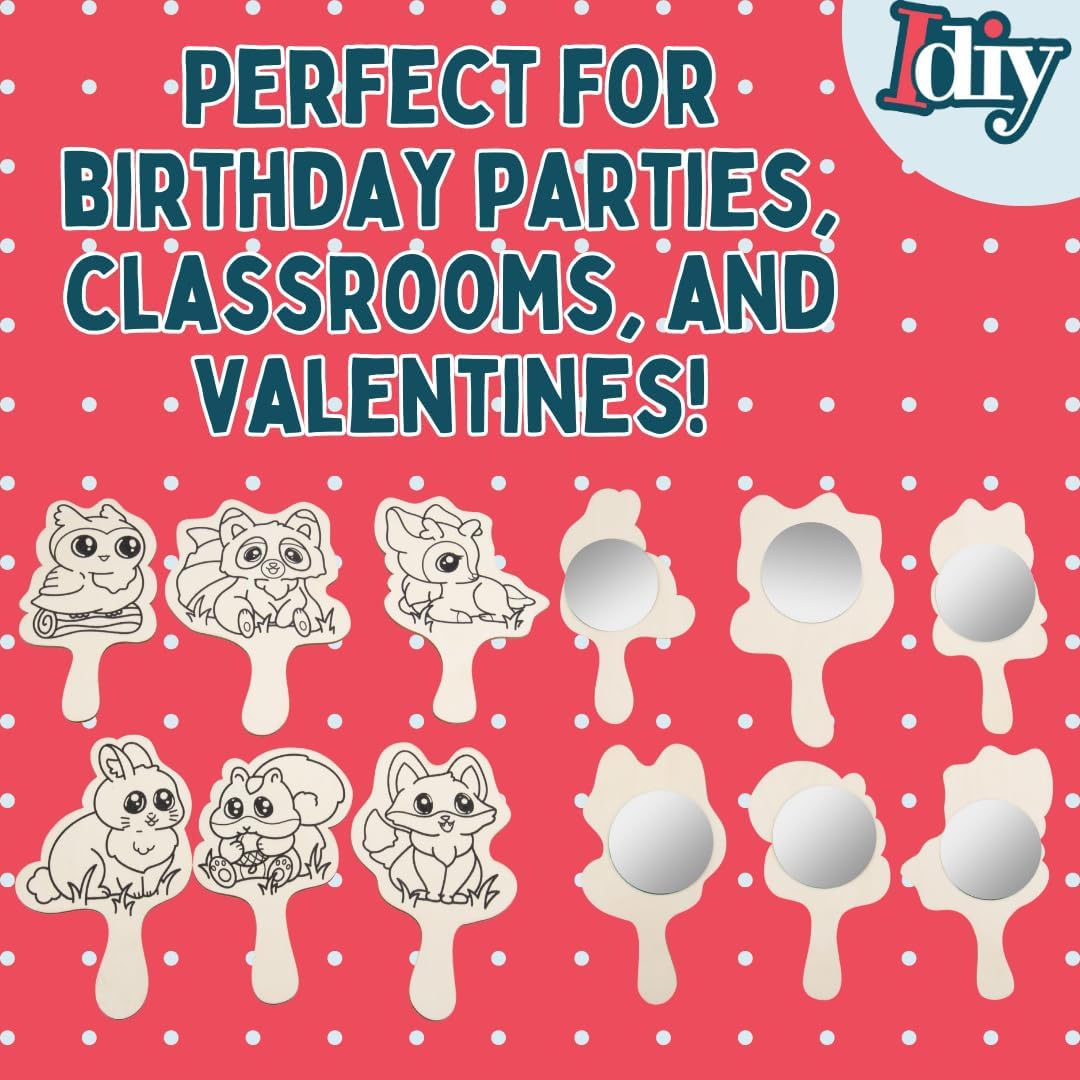 Paint Your Own Mirror Kids Party Craft Kits (12 Forest Friends Wood Mirrors) - Each Kit Has its Own Brush & Paint - Fun, Unique