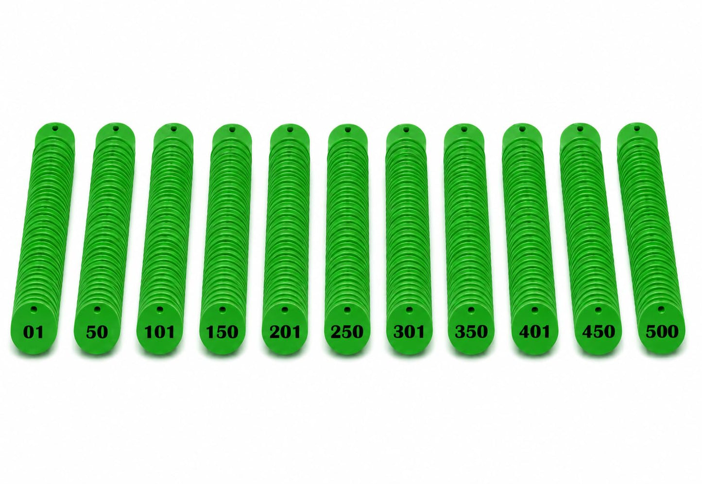 Morel (1 To 500) Green Numbered Token Coins Plastic, Round, 35 Mm, With Hole, Set Of 500 For Shop, Board Games, School Queue Man