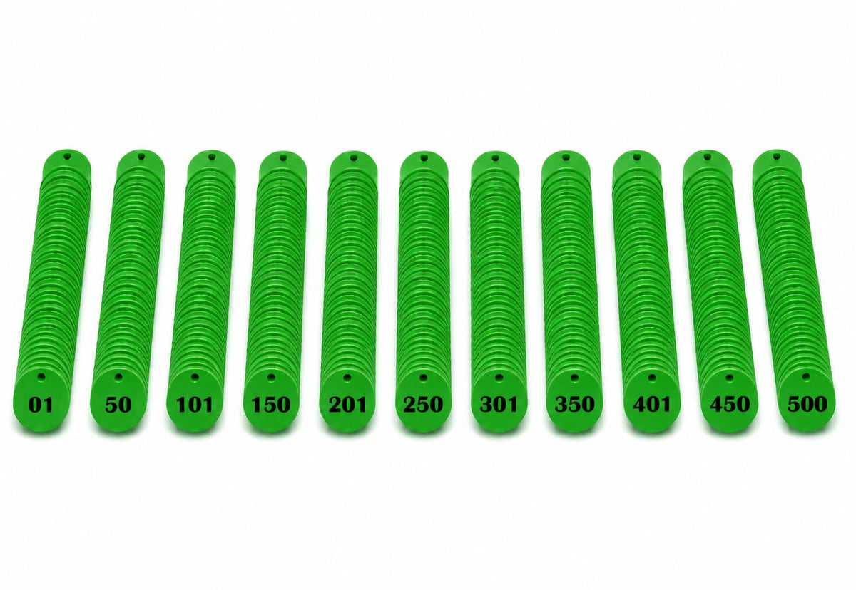Morel (1 To 500) Green Numbered Token Coins Plastic, Round, 35 Mm, With Hole, Set Of 500 For Shop, Board Games, School Queue Man