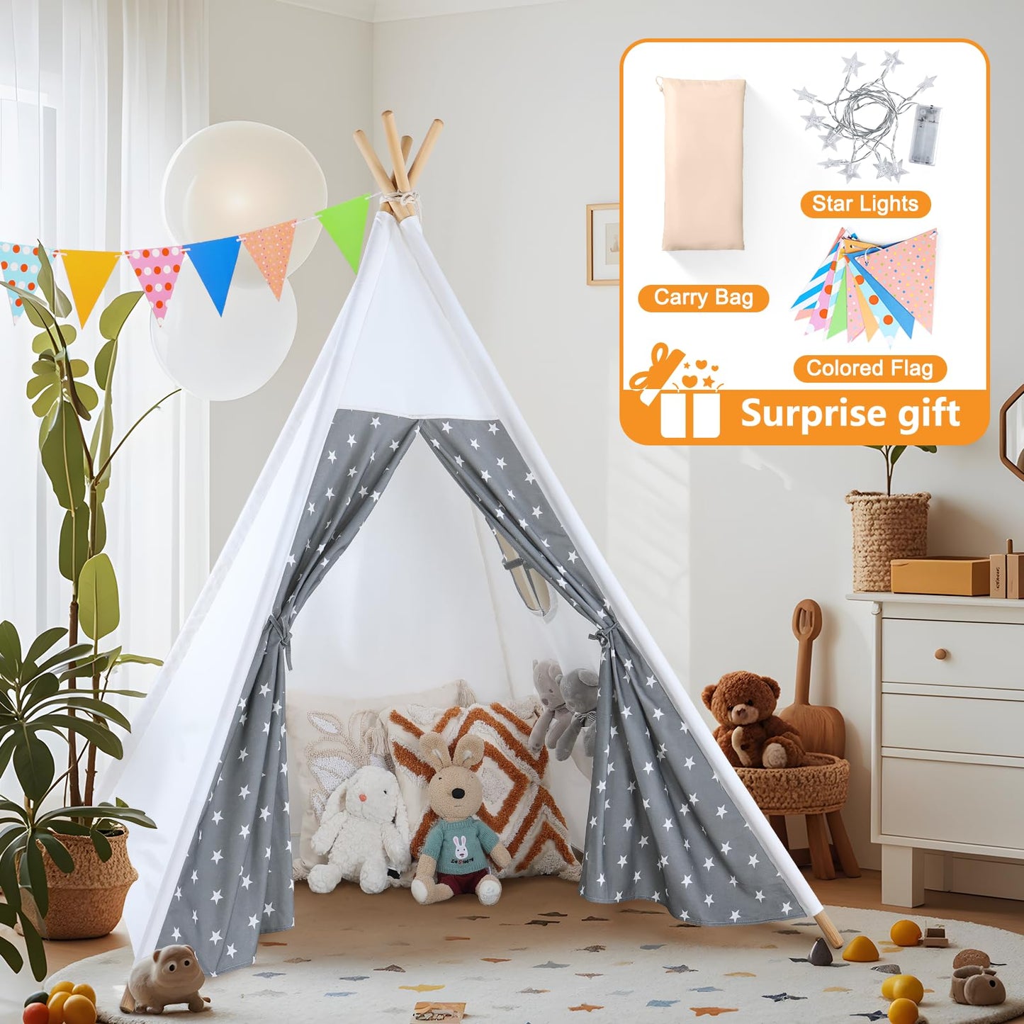 Senodeer Teepee Tent For Kids Indoor - Kids Tee Pee Tent With Light & Flag, Cotton Foldable Toddler Teepee Outdoor, Sleepover Pa