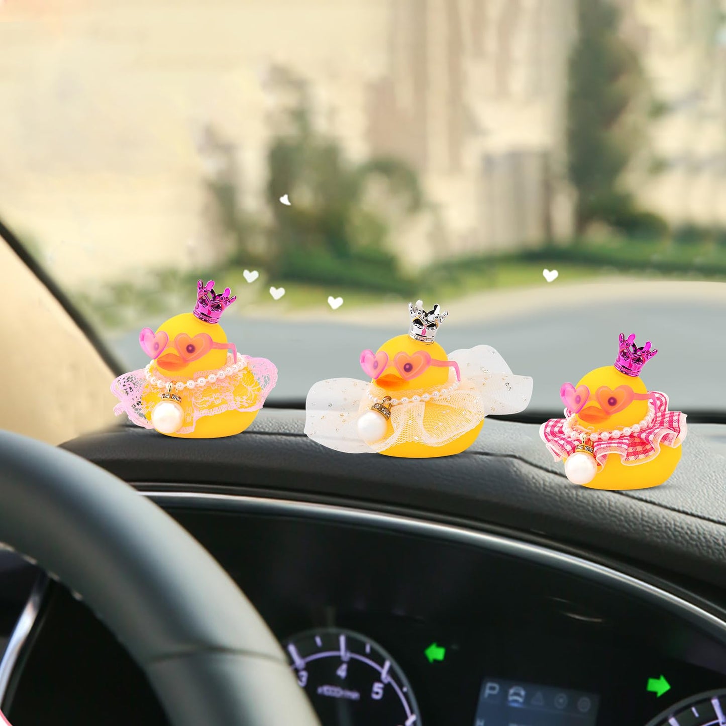 wonuu Rubber Duck Car Dashboard Decoration  Duck Car Ornament Cute Car Accessories with Mini Crown Dress Pearl Necklace Glasses  Pink Lace Skirt