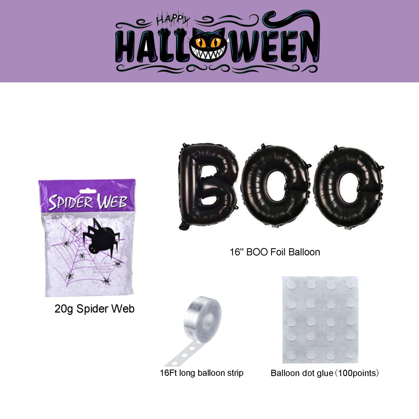 Bonropin Halloween Balloon Garland Arch Kit With Halloween Spider Web, Boo Aluminum Foil Banner Balloons, Spider Balloons, Black