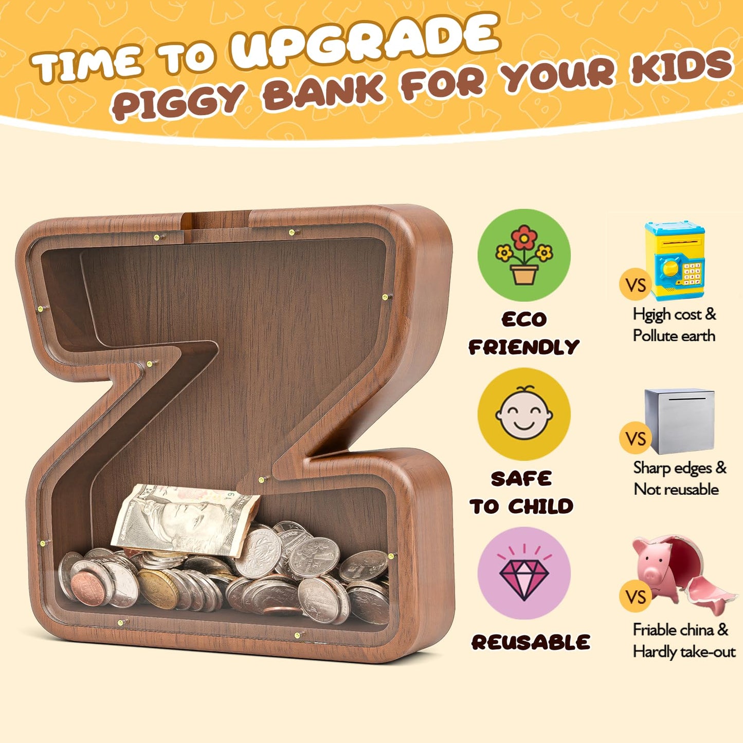 Summidate Wooden Letter Piggy Bank for Kids Girls Boys,Unbreakable Coin Banks for Baby,Personalized Cute Initial Money Banks, Bi