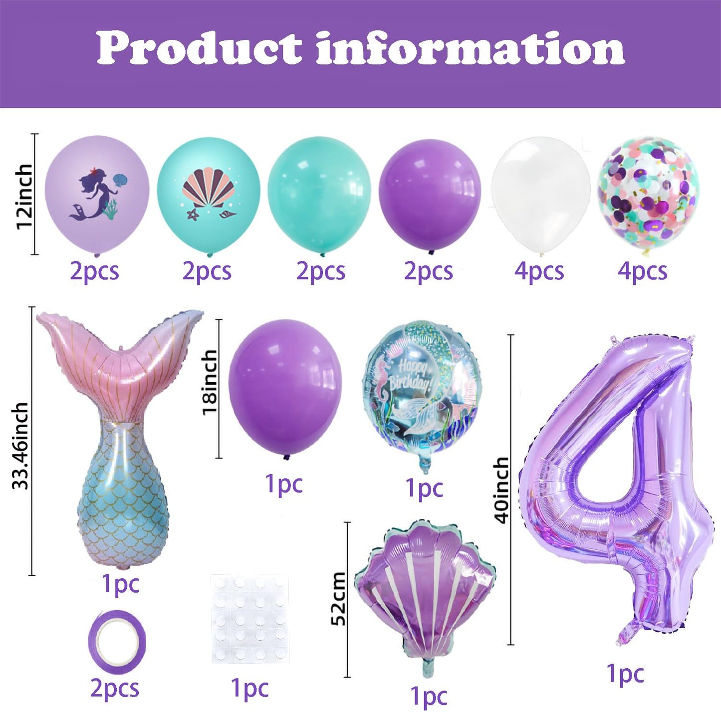 40 Inch Purple Number 4 Balloon,Giant Large Number 4 Balloon,4Th Birthday Mermaid Balloons,Children'S Birthday Party Baby Shower