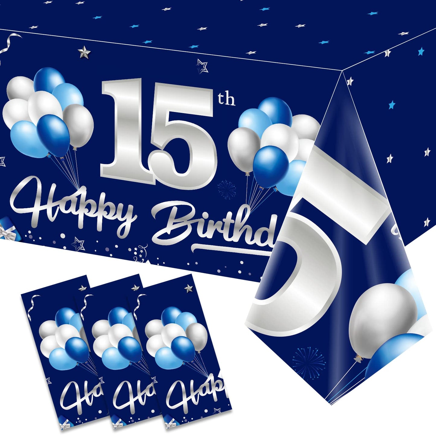 Turypaty 3 Pack Blue Silver 15Th Birthday Tablecloth Decoration For Boy, Navy Blue Happy 15 Table Cover Party Supplies, Fifteen