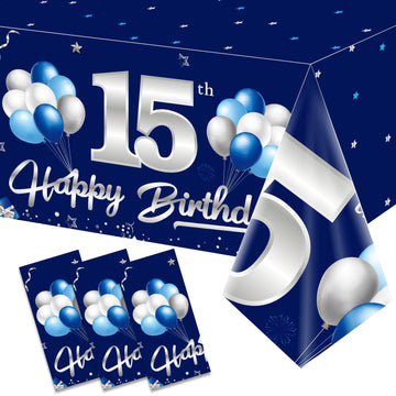 Turypaty 3 Pack Blue Silver 15Th Birthday Tablecloth Decoration For Boy, Navy Blue Happy 15 Table Cover Party Supplies, Fifteen