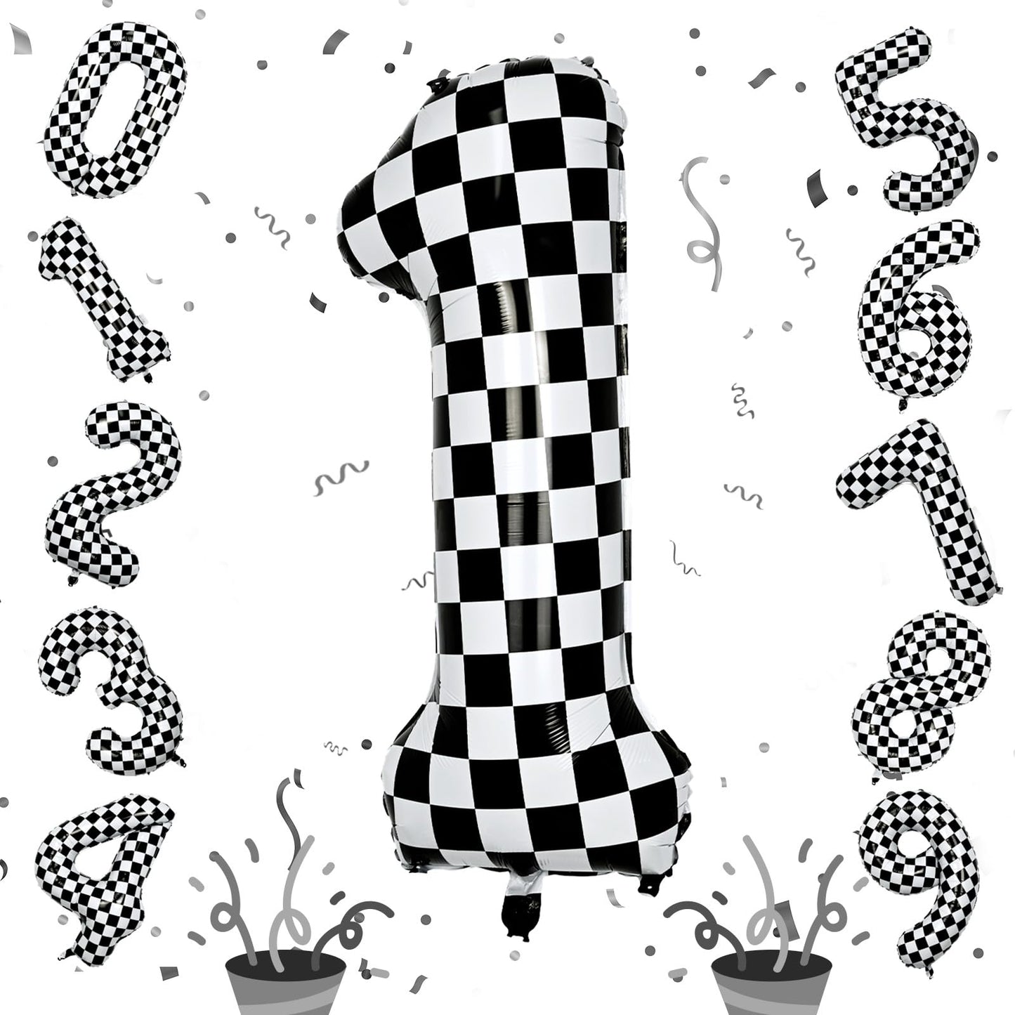 Checkered Number Balloon 1, Large Self Inflating Black And White Number 1 Balloon Decor, 40 Inch Helium Foil 1 Racing Balloons F