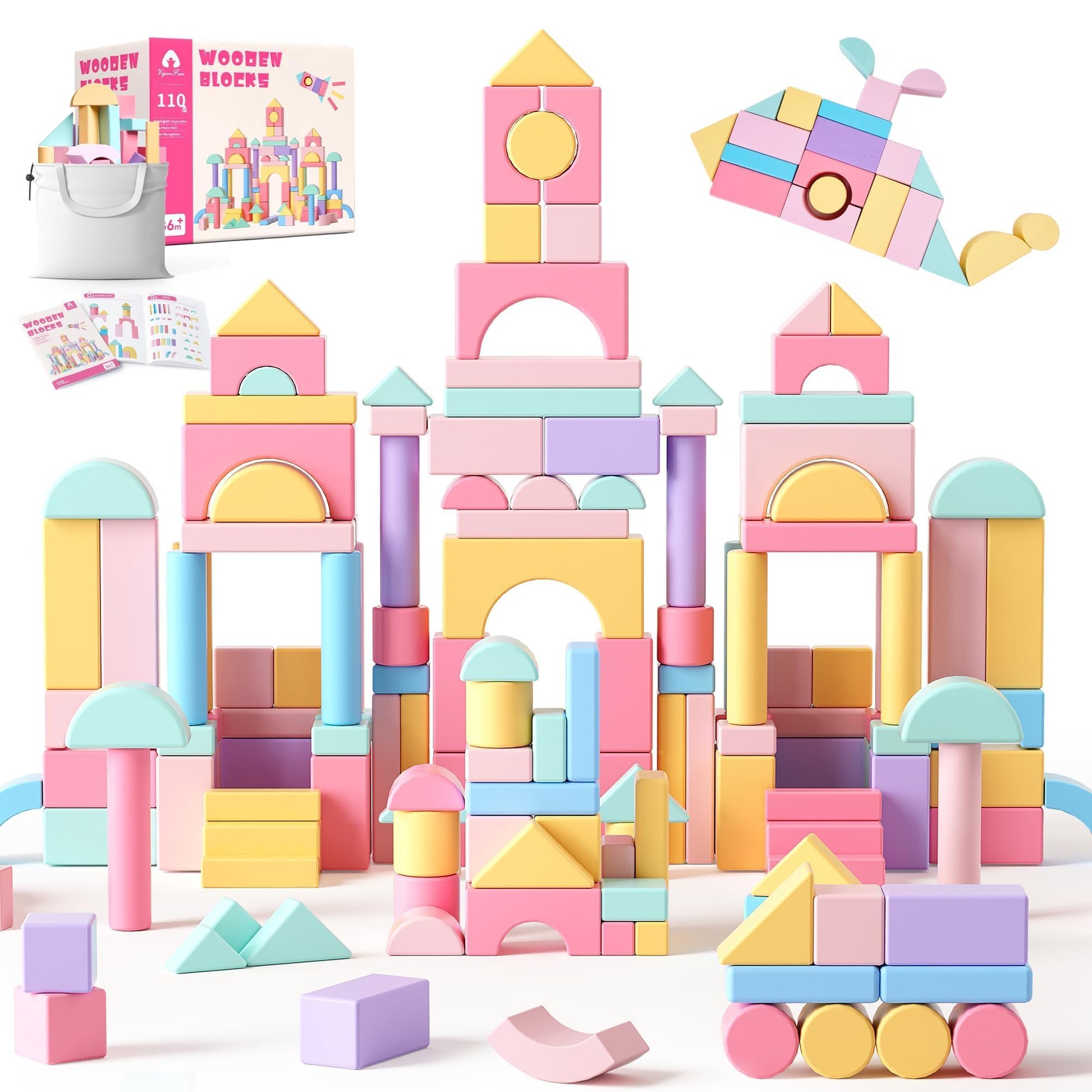 Vigorfun 110 Pcs Wooden Building Blocks Set - Construction Stacking Toy With Storage Bag, Montessori Preschool Toys For Toddlers