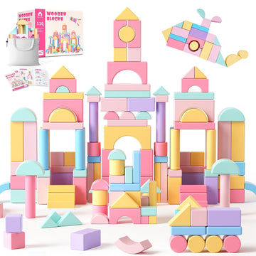 Vigorfun 110 Pcs Wooden Building Blocks Set - Construction Stacking Toy With Storage Bag, Montessori Preschool Toys For Toddlers