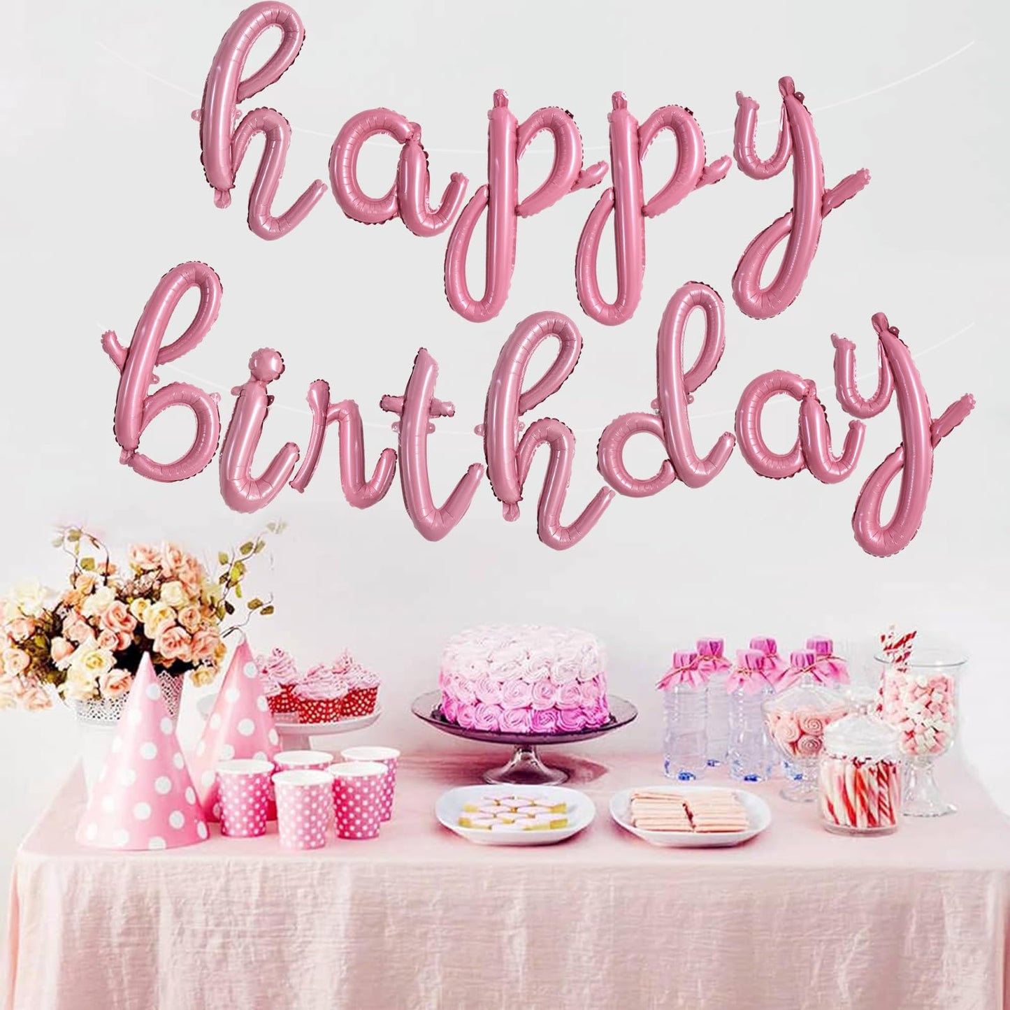 Toniful Light Pink Happy Birthday Balloons Banner,Cursive Happy Birthday Balloons Light Pink Birthday Decorations Light Pink Myl