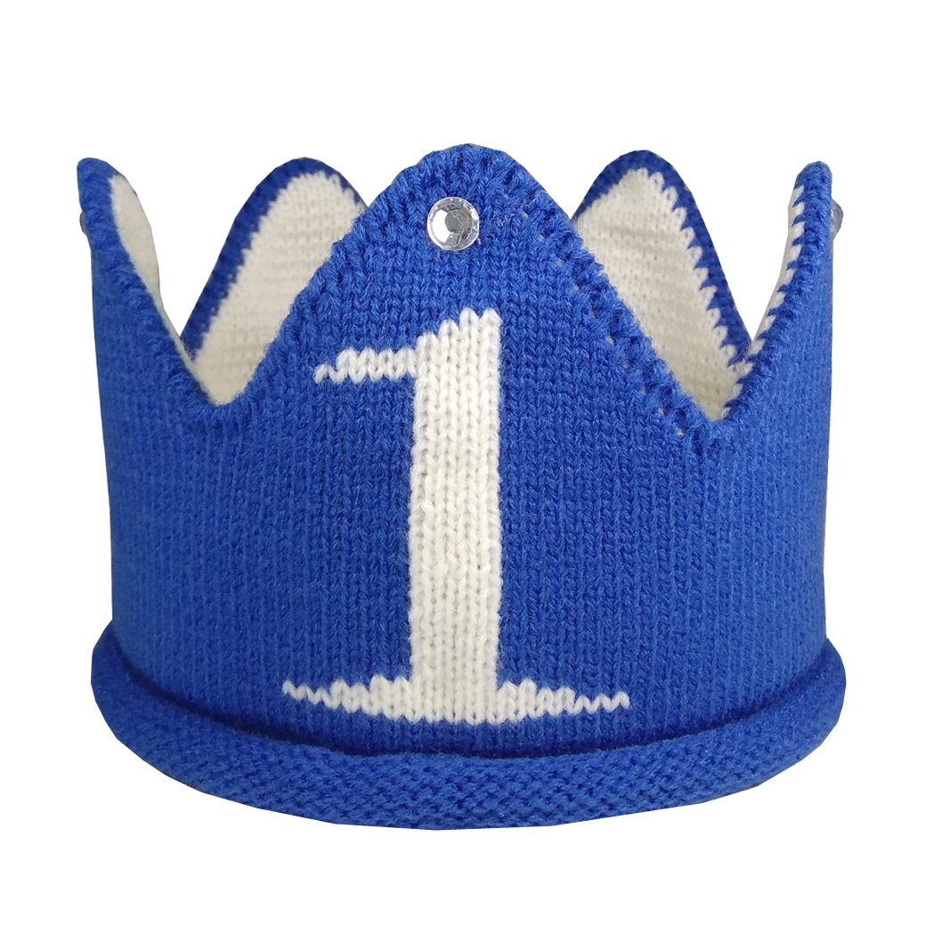 Lujuny Knit 1st Birthday Hat - Happy Baby Crown Headband Cap for Party Costume Photoshoot (BLUE)