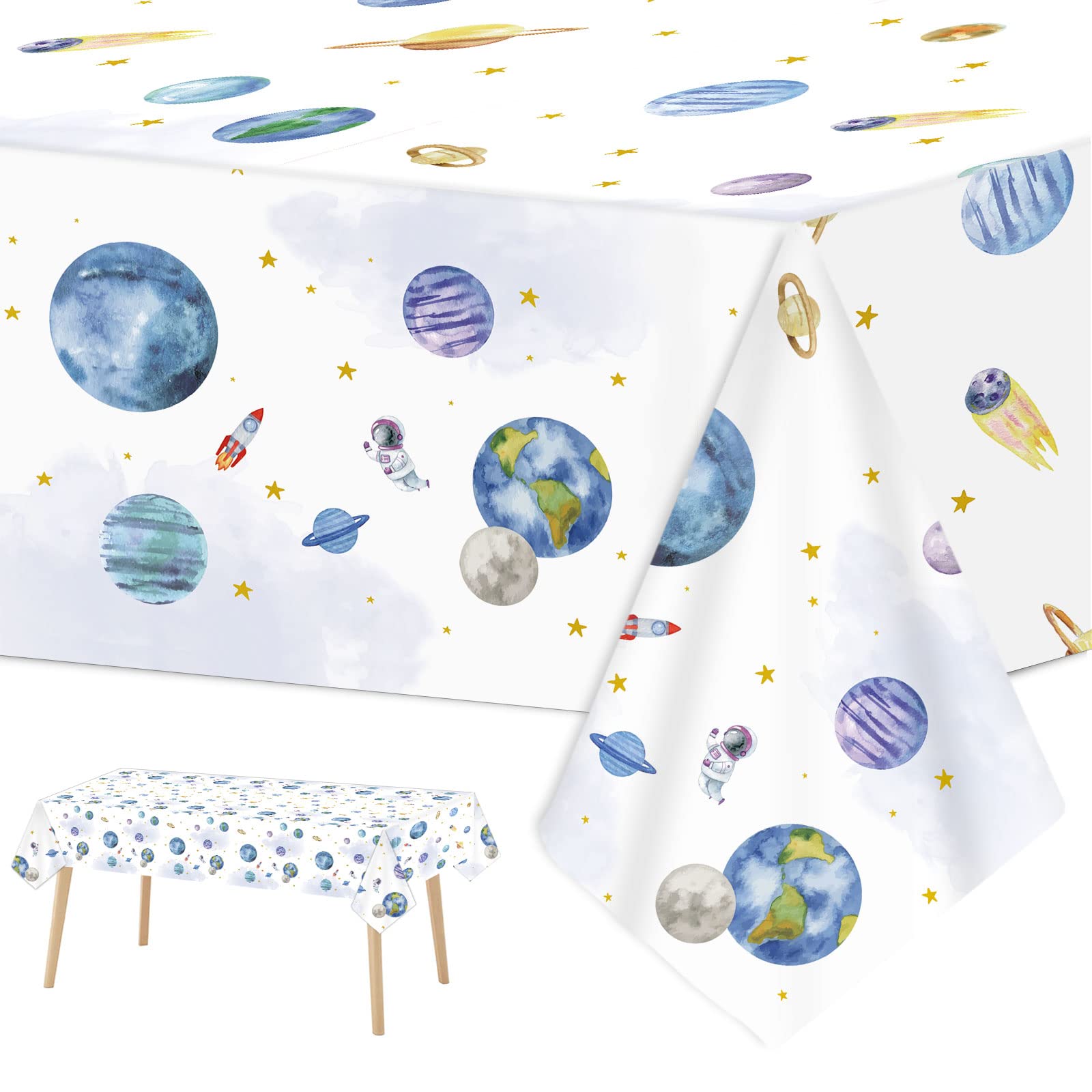 ZOIIWA 3 Piece First Trip Around The Sun Birthday Tablecloth 1st Space Birthday Plastic Disposable Outer Space Table Cover Solar