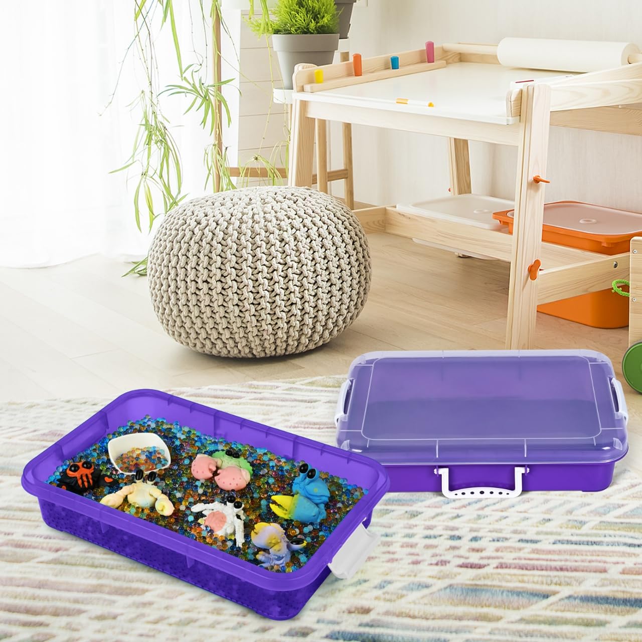 Madzee Plastic Activity Tray with Lid for Slime, Beads, Sand - 15 Inches, Purple, Model MT7384