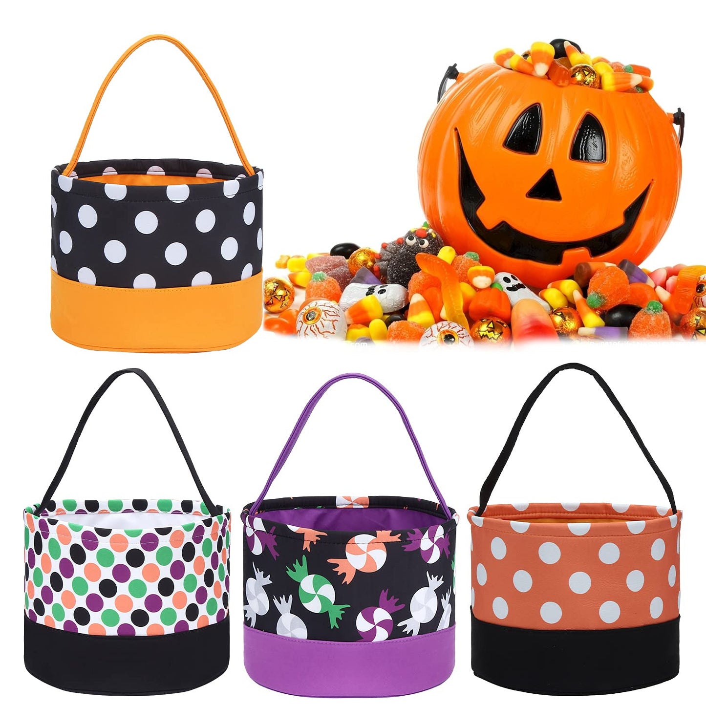 Leziazany Halloween Trick or Treat Bag Halloween Candy Bucket Fabric Tote Gift Candy Bag Candy Polka Dot Skull Pumpkin Stripe Ha