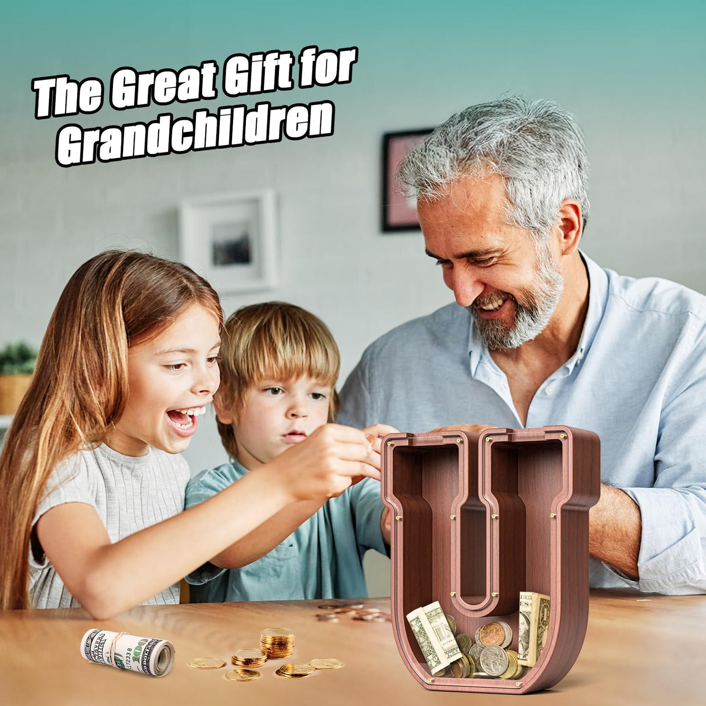 Summidate Wooden Letter Piggy Bank  Extra Thick Large Capacity Piggy Bank for Kids Boys Girls Toddler  Alphabet U Money Bank| Coin Box Birthday  Christmas  Festival