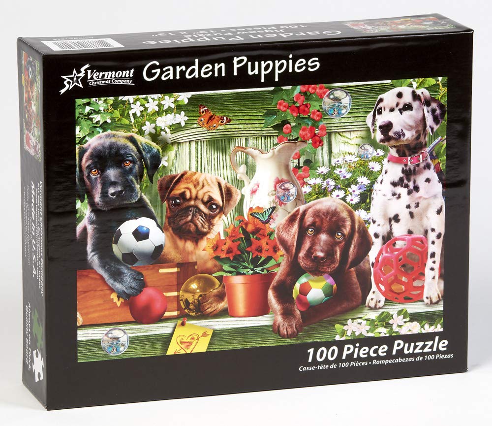 Garden Puppies Jigsaw Puzzle 100 Piece By Vermont Christmas Company - Large, Interlocking Pieces - Unique, Randomly Shaped Pieces - Perfect For Kids And Seniors