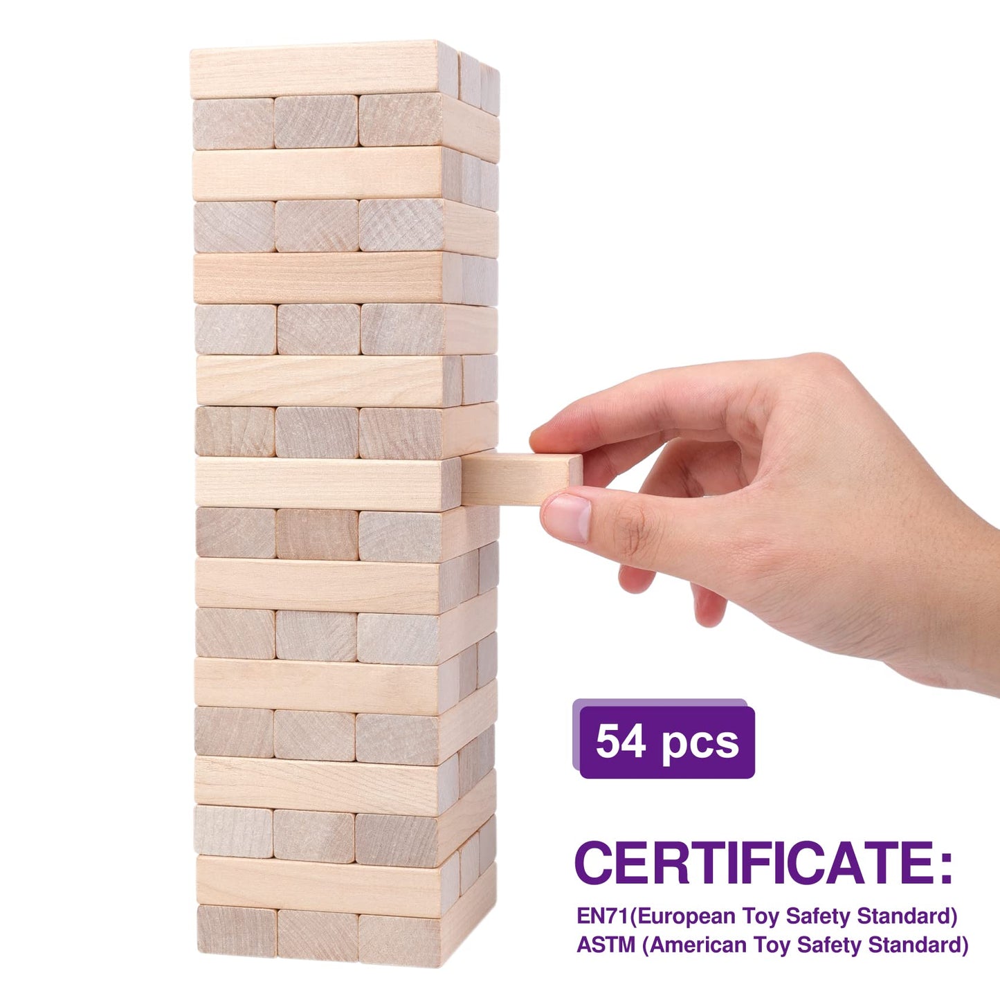 Gothink Classic Wooden Tumbling Tower Game, 54Pcs Timber Stacking Blocks Board Game With Carry Case, Family Night Toy Game Gift For Kids And Adults, Standard Size With Storage Box