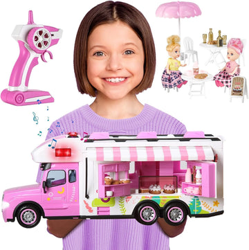 Carox Remote Control Car for Girls Food Truck Toy Playset,Pink Remote Control Food Truck with Food Set, Dolls and Tableware Set,