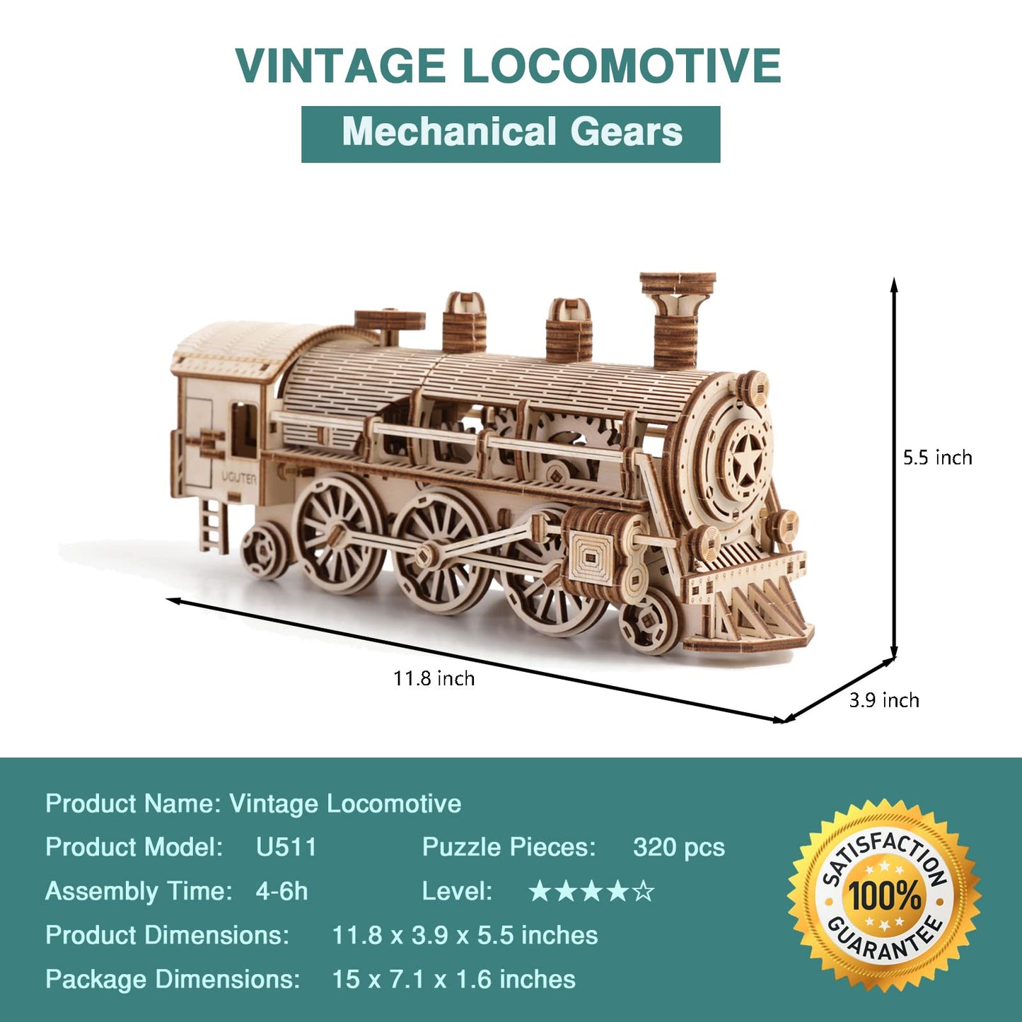 Uguter 3D Wooden Puzzles Train Locomotive Diy Gear Drive Mechanical Model Brain Teaser Games Stunning Gifts For Adults And Teens