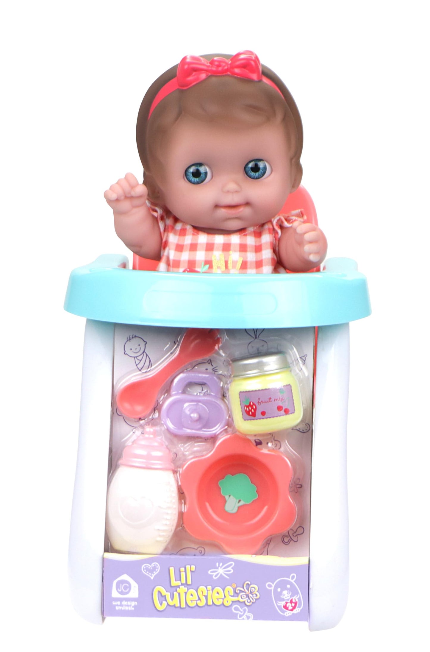 JC Toys Lil Cutesies 9 All Vinyl Baby Doll Feeding Time Gift Set| Posable and Washable | Removable Outfit | High Chair and Feeding Accessories Ages 2+