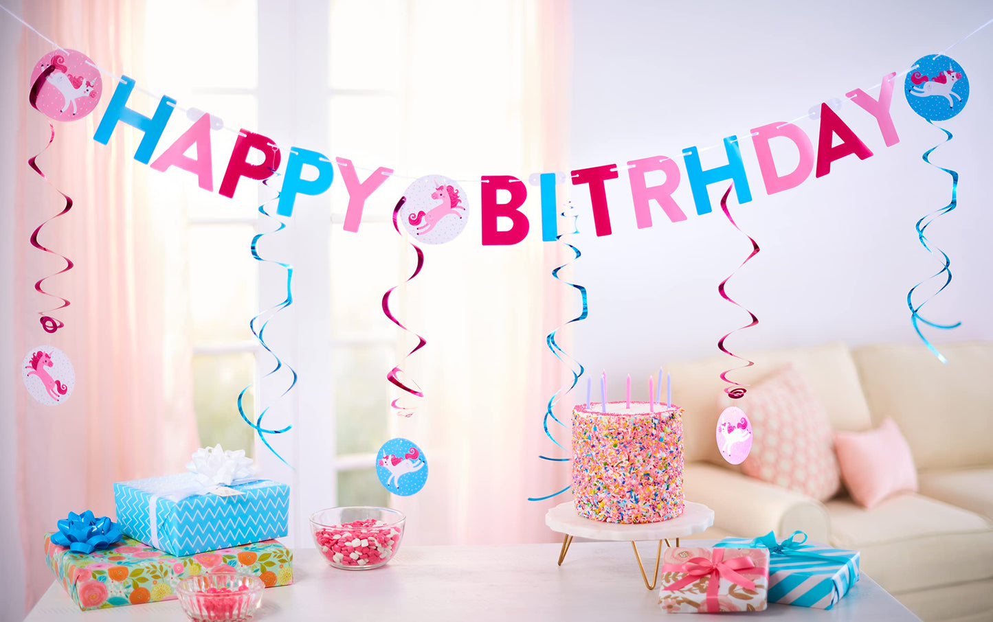 American Greetings Rainbow Unicorn Birthday Party Supplies, Banner Kit (7-Pieces)